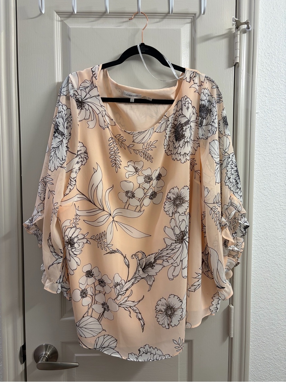 Calvin Klein Peach Floral Scoop Neck Blouse with Black Outline Print